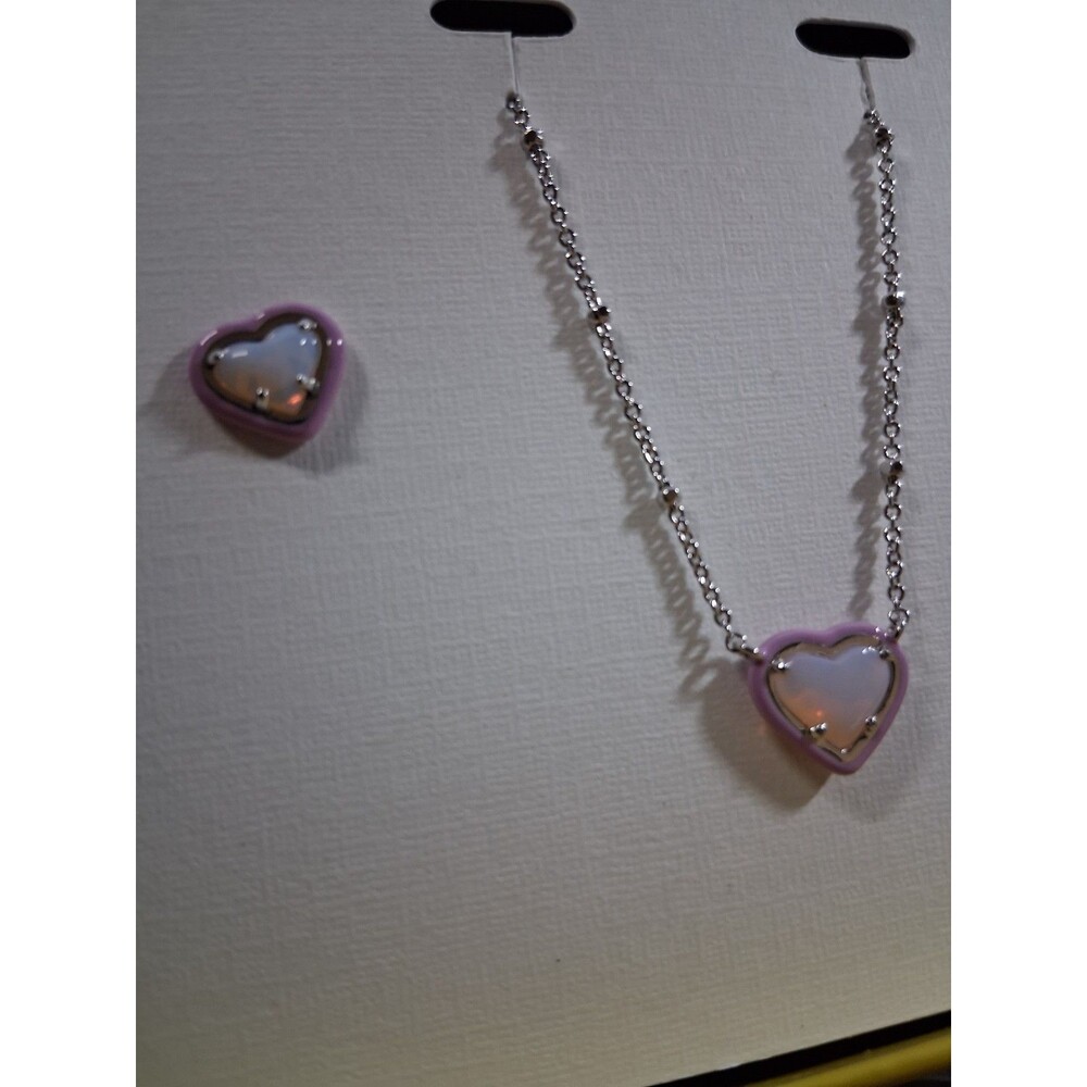 Kendra Scott Anna Enamel Gift Set Earrings Rhodium Pink Opalite Necklace Hearts